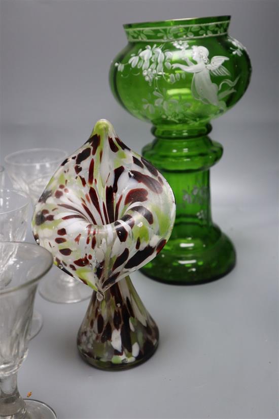 A Mary Gregory type glass vase, height 24cm, one other, an early 19th century ale glass and sundry other drinking glasses